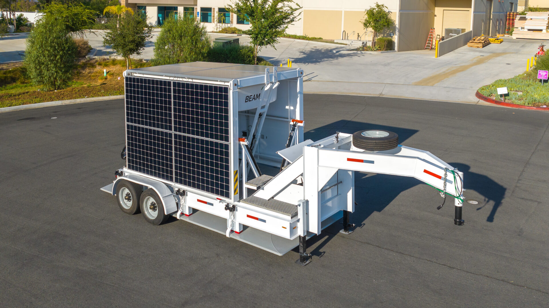Beam ARC Mobility™ trailer is specialized hydraulic transport equipment designed to rapidly relocate off-grid EV ARC™ 2020 sustainable EV charging systems.