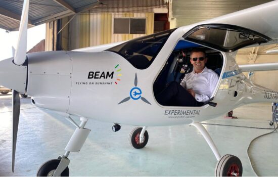 Beam Global CEO Desmond Wheatley in Pipistrel Electric Aircraft Flying on Sunshine